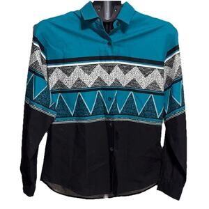Roper Button Up Western Print Shirt Geometric Blue Black Size Medium